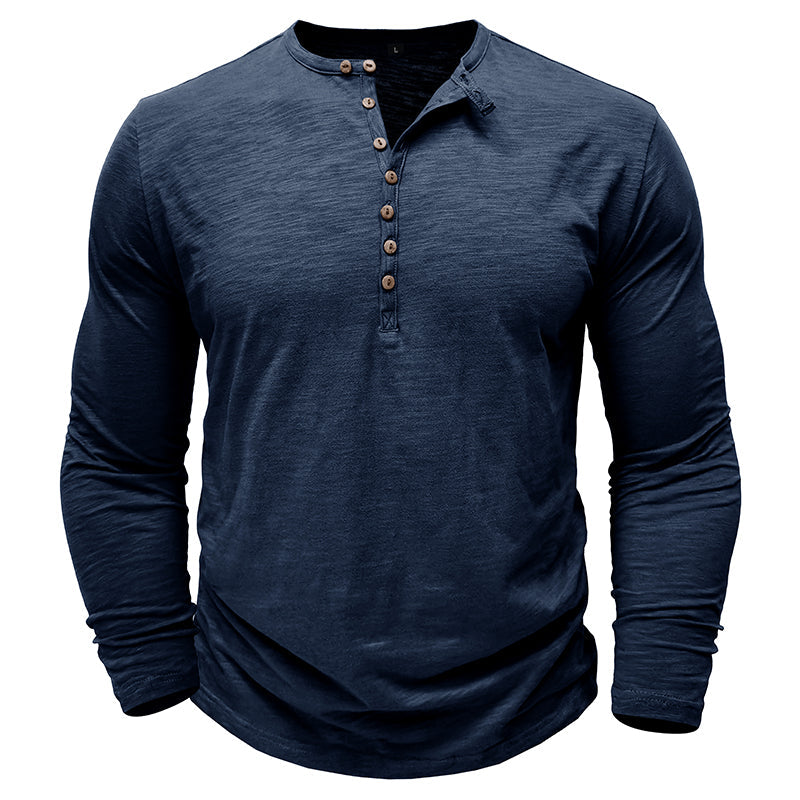 Zacht katoenen heren Henley shirt, lange mouw, casual look, ultrazachte stof, stijlvolle zeven knopen, flatterende pasvorm.