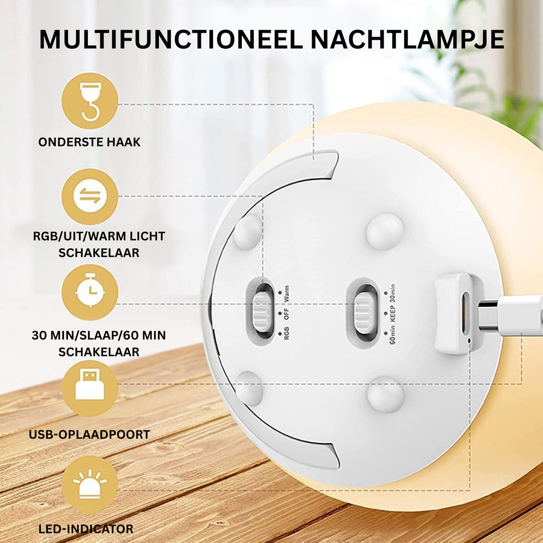 Oogvriendelijk dimbaar borstvoedings nachtlampje van siliconen. Zacht licht voor baby en kinderkamer.
