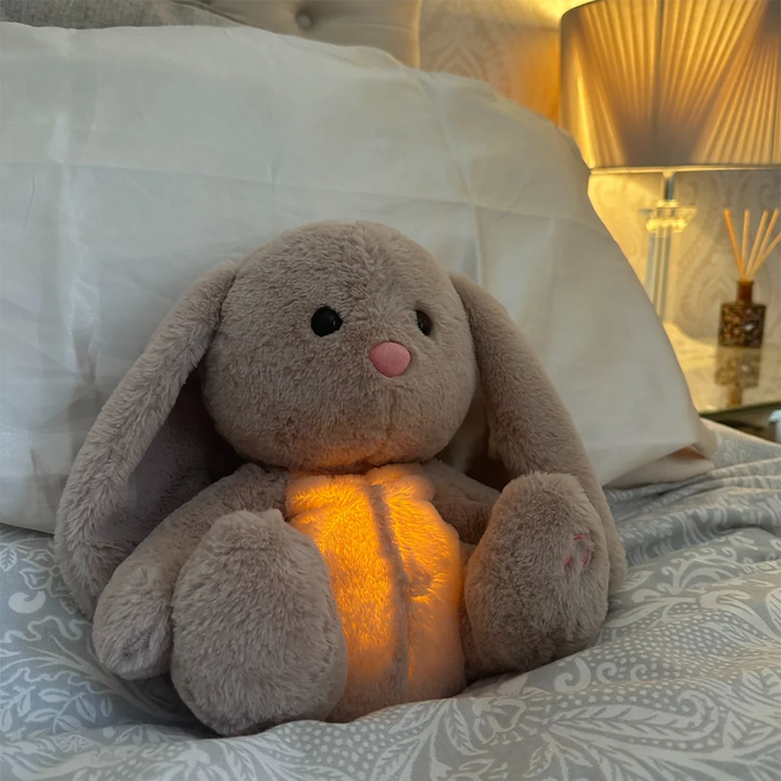 "Zachte knuffel met ingebouwd nachtlampje en geluiden in pastelkleuren voor stressverlichting en ontspanning."