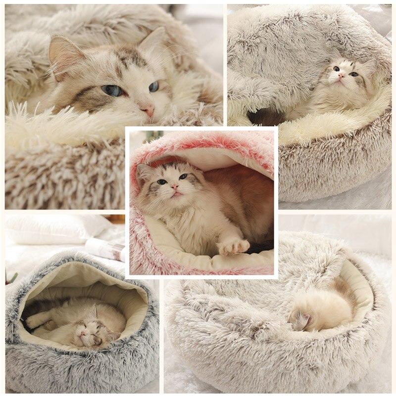 "Zachte pluche CozyHome mand voor katten en honden, beige kleur, biedt comfort en veiligheid met anti-slip onderkant."