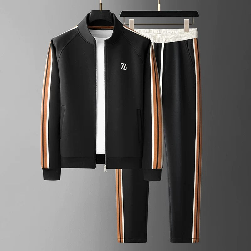 "Zephyr premium tracksuit met sportieve strepen, zachte lycra stof, elastische pasvorm, perfecte voor sport en vrije tijd."