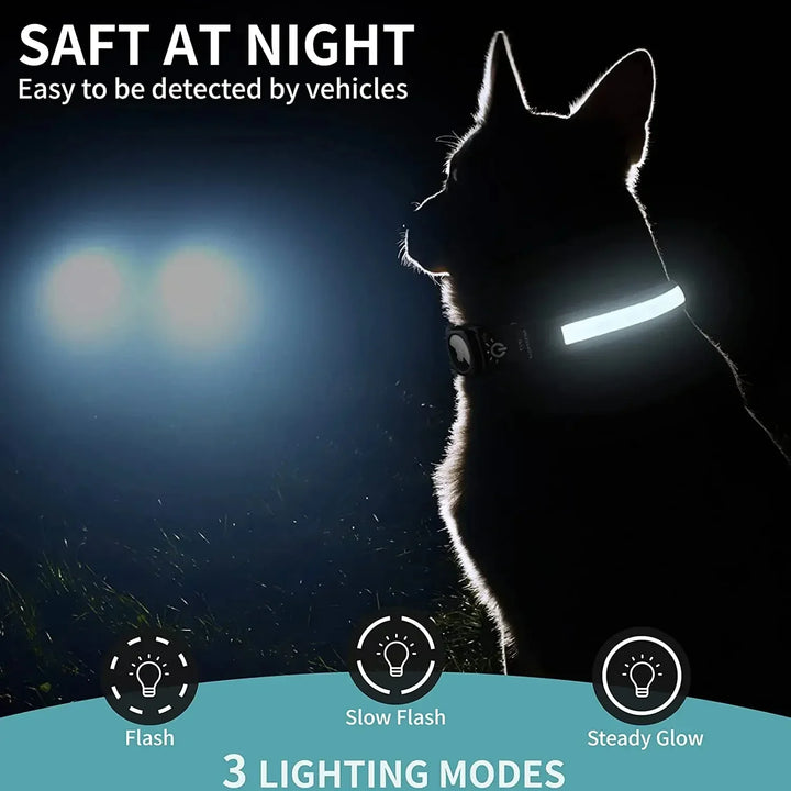 Waterdichte LED hondenhalsband met GPS, perfect voor avontuurlijke honden en alle weersomstandigheden.