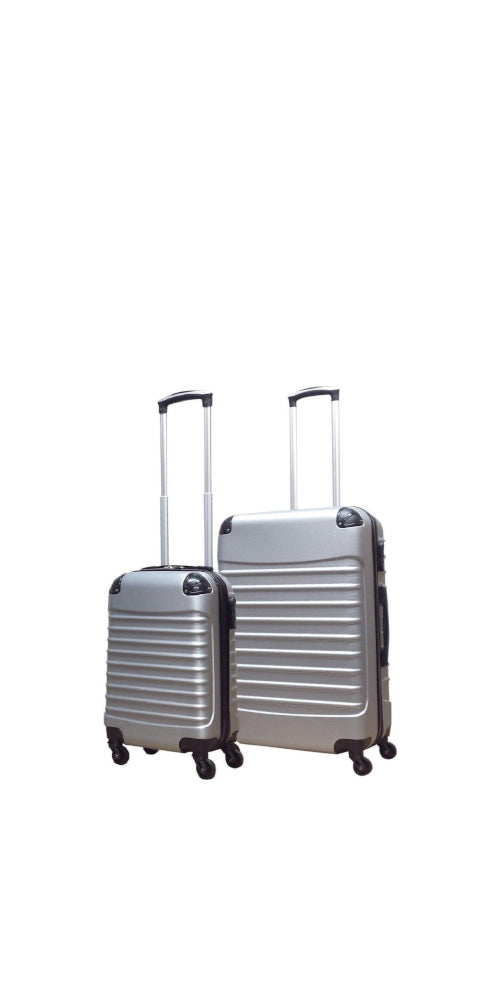 Zilveren 2-delige hardshell kofferset, ideaal voor comfortabel en veilig reizen. Inclusief trolleyfunctie.