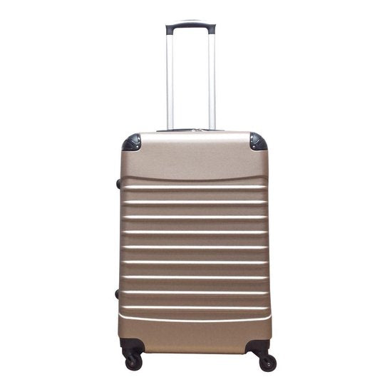 Paarse robuuste ABS koffer met 4 wielen en cijferslot, betrouwbare bagage voor frequente reizigers.