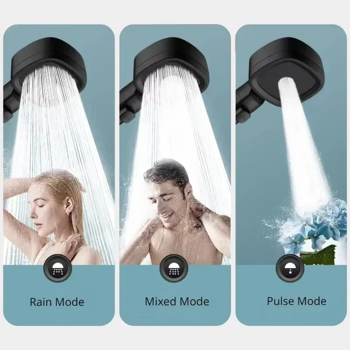 "Zilveren douchekop AquaPulse met hoge druk en verstelbare spraymodi, gestroomlijnd modern ontwerp voor luxe douche-ervaring.