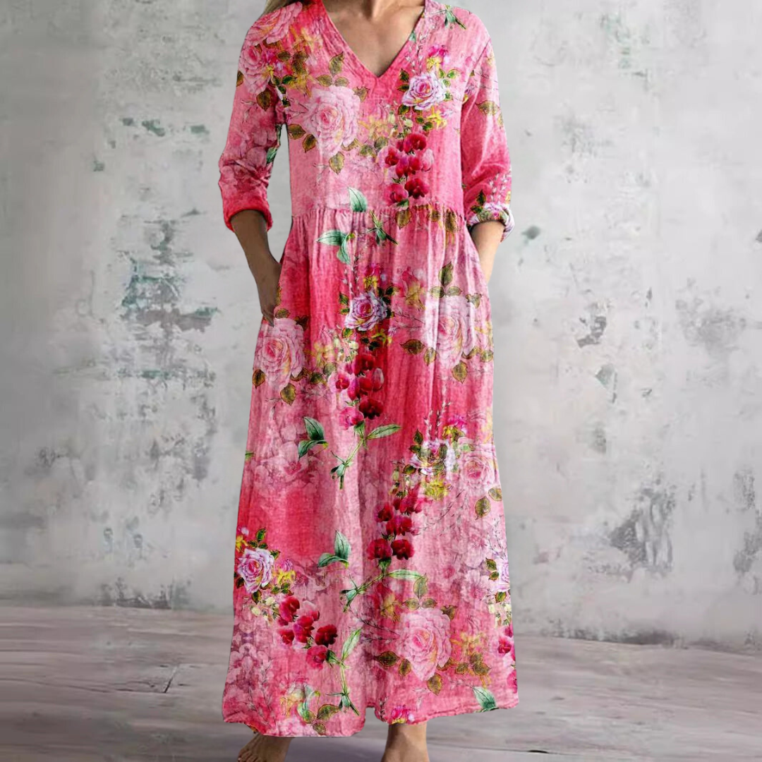 Zomerjurk met elegante V-hals en romantisch bloemenpatroon, perfect voor dames, comfortabel en luchtig voor warme dagen.