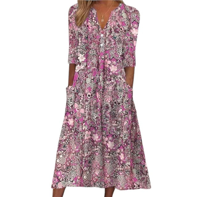 "Zomerse bloemenjurk dames, V-hals luchtige stof, speelse bloemenprint, elegante en vloeiende pasvorm, ideaal voor zomer"