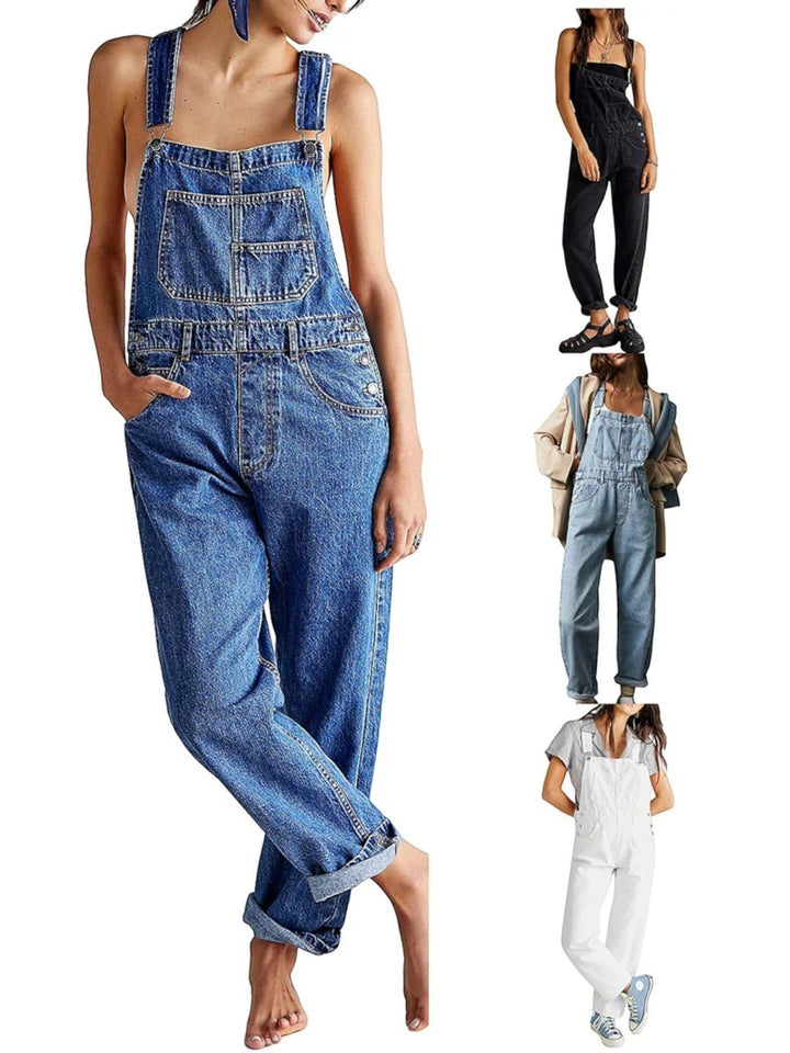 Zomerse denim jumpsuit dames, losvallend, blauwe tint, brede pijpen, spaghetti bandjes voor zonnige dagen en comfort.