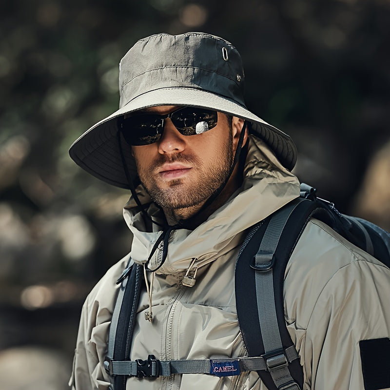 "Zonnehoed met brede rand, ademende mesh-panelen, en verstelbare kinband voor UV-bescherming wandelen & strand"