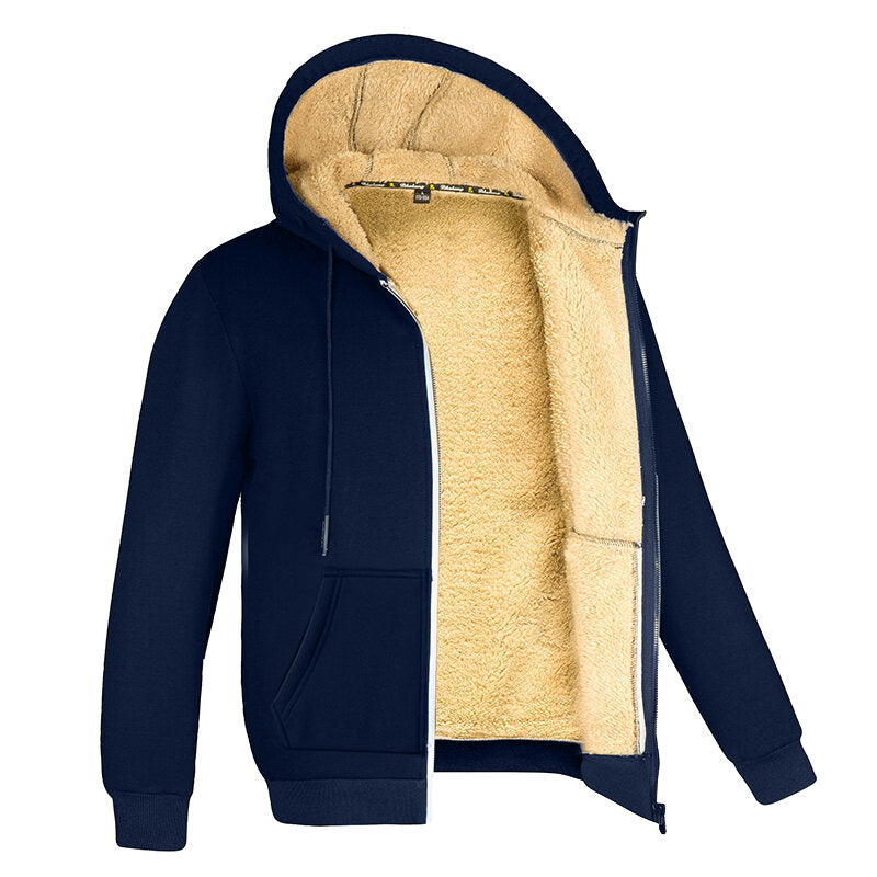 "Zwart heren polar fleece vest met capuchon en lange mouwen, bontvoering, ideaal voor winterkleding en buitenactiviteiten."