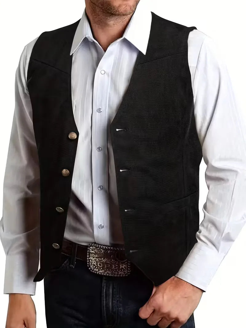 Zwart klassiek herengilet met v-hals en knopen, perfect voor formele gelegenheden.