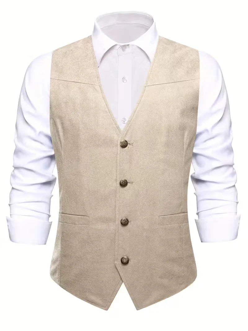 Formeel herengilet in zwart, met v-hals en knoopsluiting, voor een scherpe look.