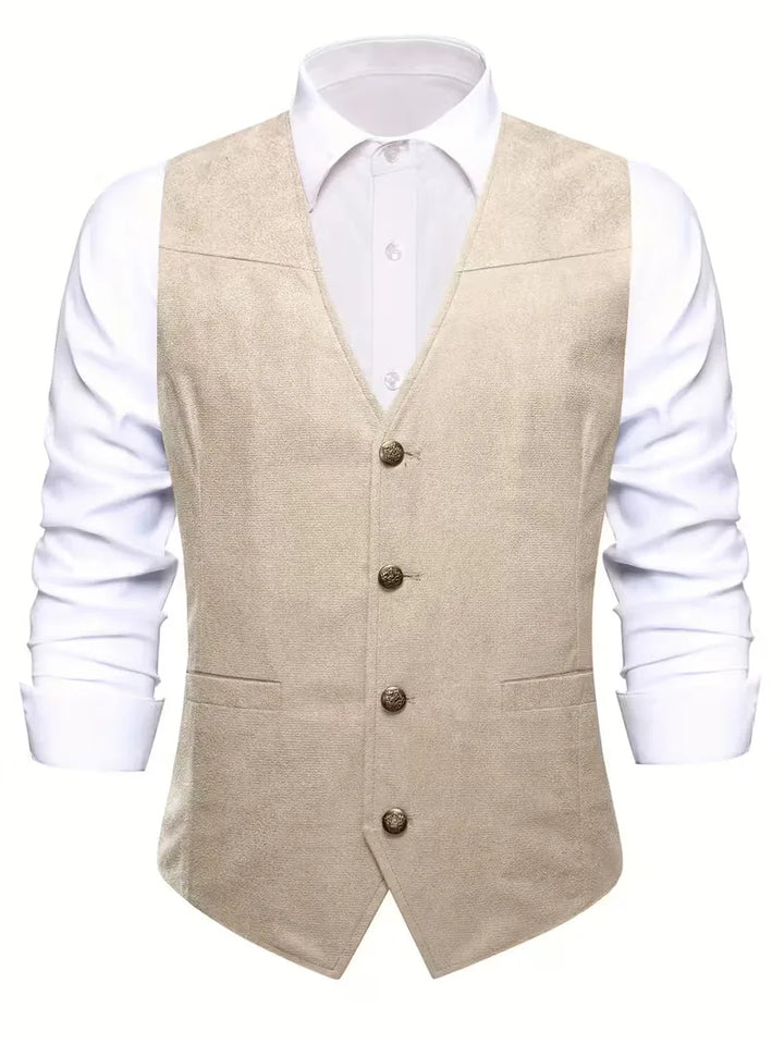 Formeel herengilet in zwart, met v-hals en knoopsluiting, voor een scherpe look.