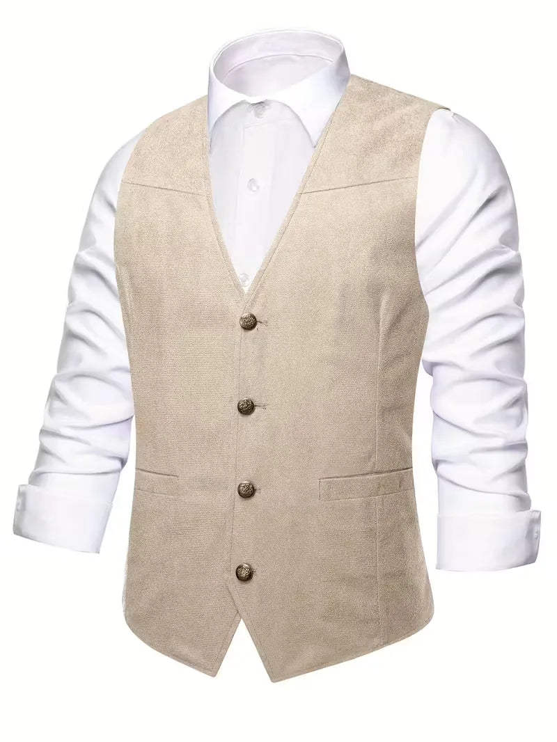 Klassiek marineblauw herengilet met knopen, v-hals, perfect voor smart-casual stijl.