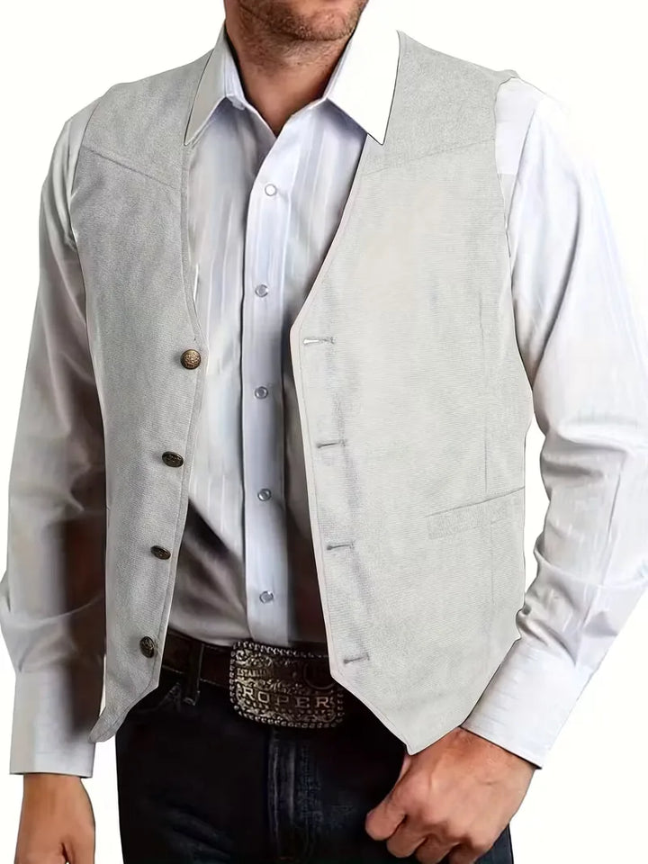 Marineblauw herengilet, v-hals, knopen, voor een elegante en zakelijke uitstraling.