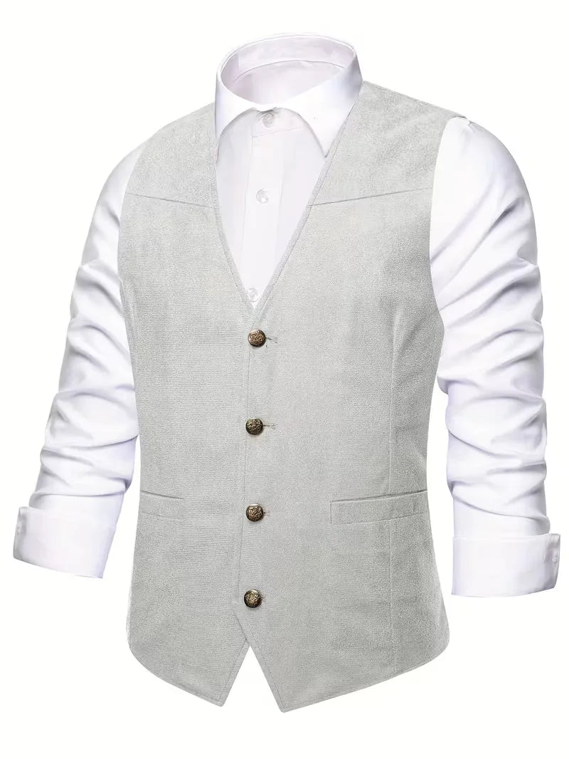Zwart klassiek herengilet met v-hals en knopen, geschikt voor diverse gelegenheden.