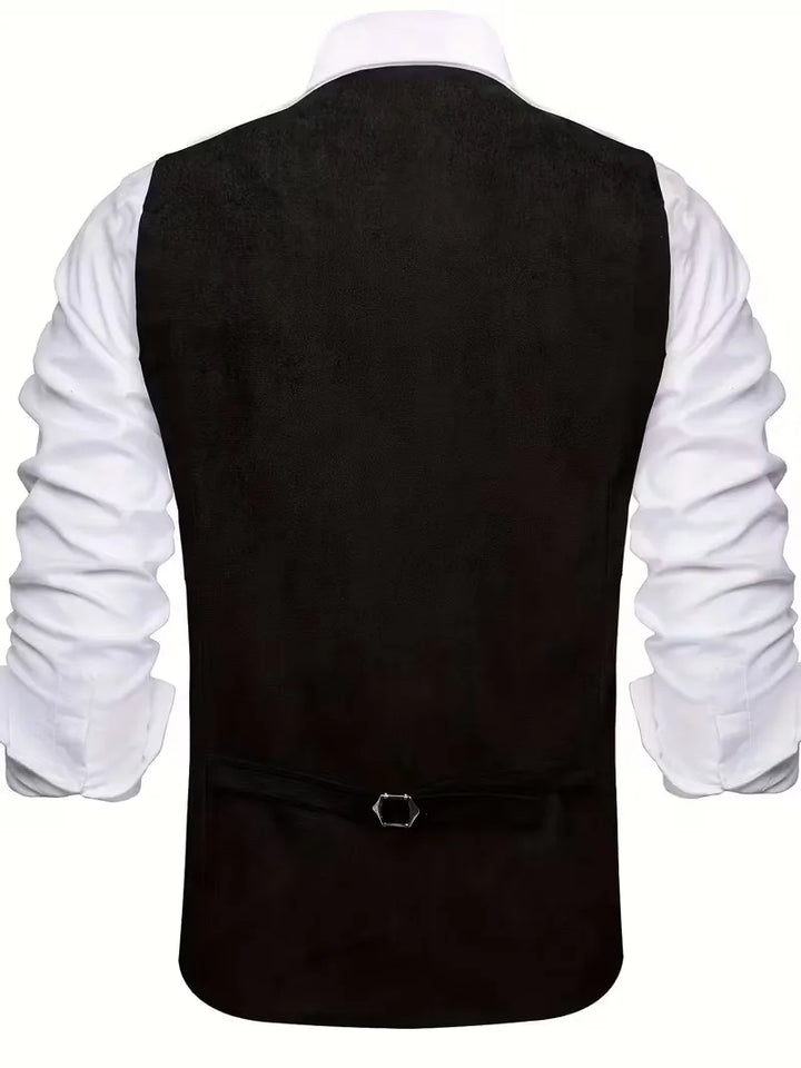 Marineblauw herengilet, v-hals, knoopsluiting, elegant voor zakelijk of bruiloft.
