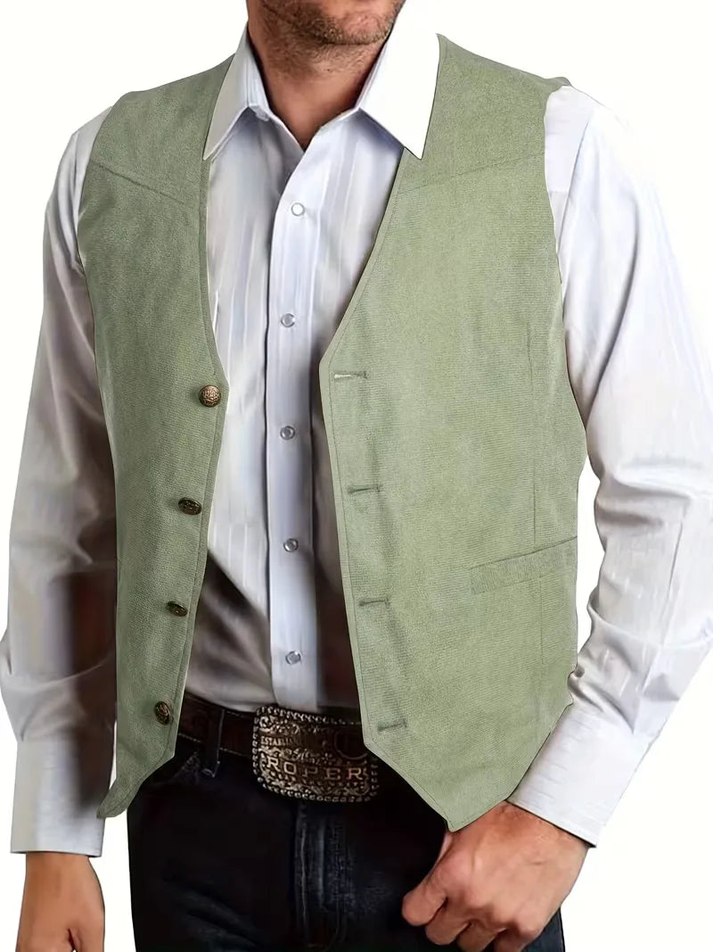 Herengilet in klassiek zwart, v-hals en knopen, voor een tijdloze elegantie.