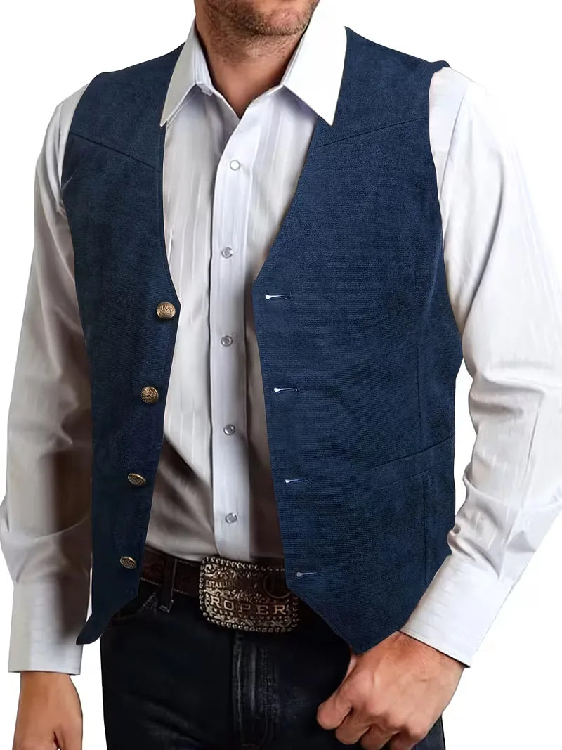 Marineblauw gilet voor heren, v-hals, knopen, verkrijgbaar in grote maten.