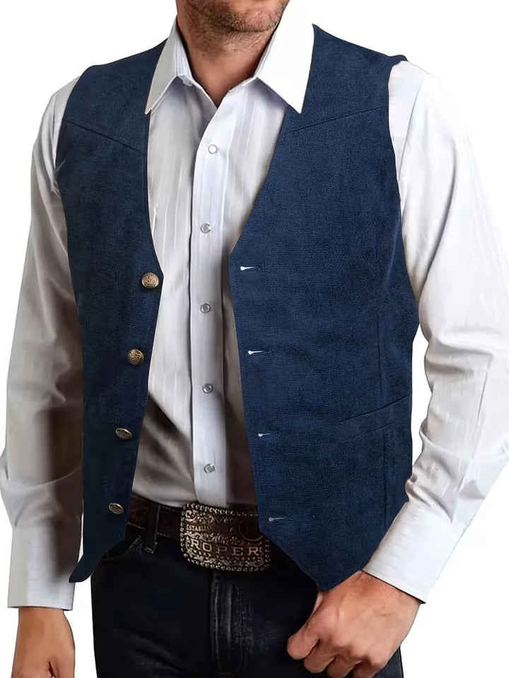 Marineblauw gilet voor heren, v-hals, knopen, verkrijgbaar in grote maten.