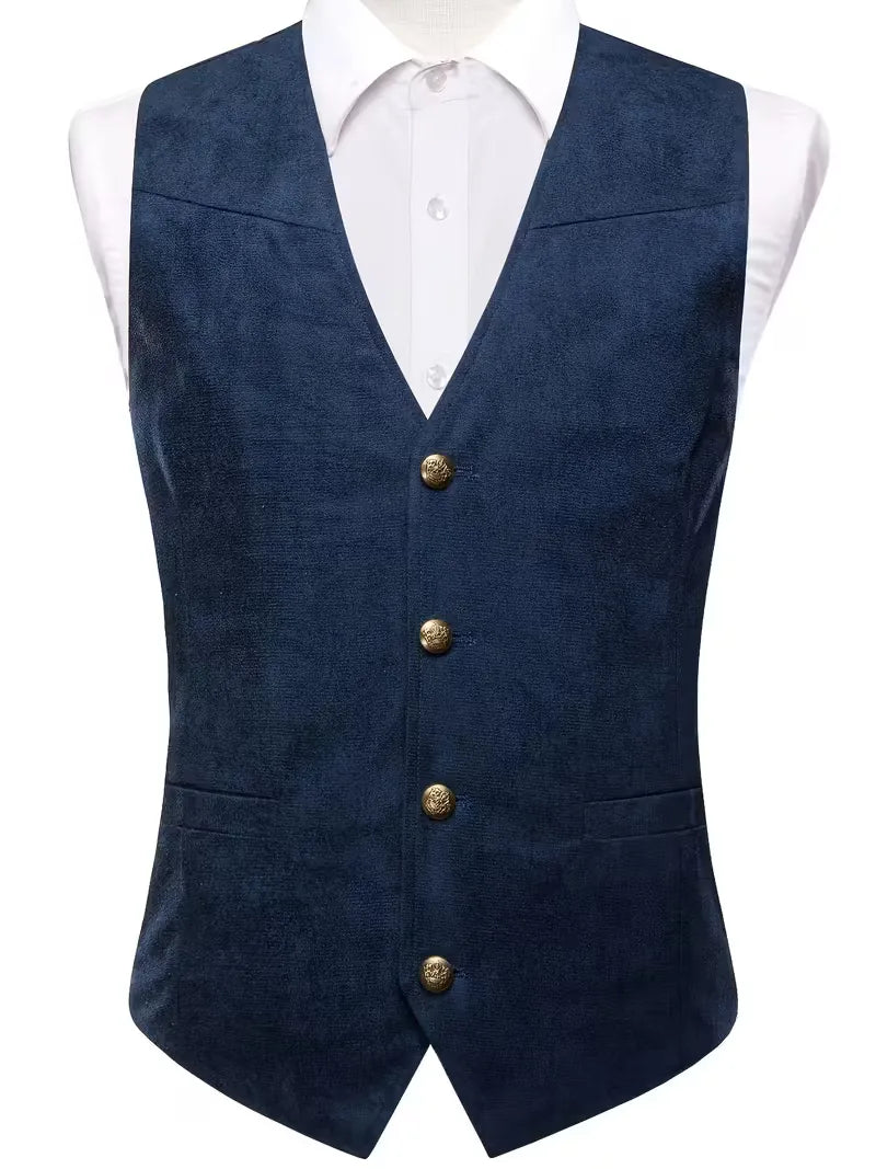 Tijdloos marineblauw gilet met v-hals en knopen, voor een klassieke herenlook.