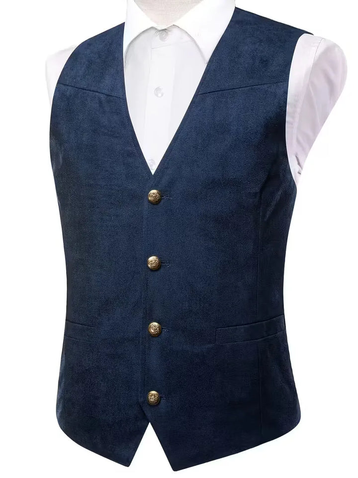 Formeel zwart herengilet, v-hals, knopen, ideaal voor feesten en ceremonies.