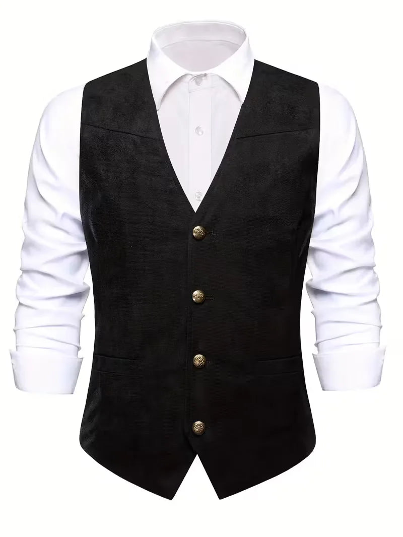Elegant zwart gilet voor heren, klassieke v-hals en knopen, ideaal voor feest of bruiloft.