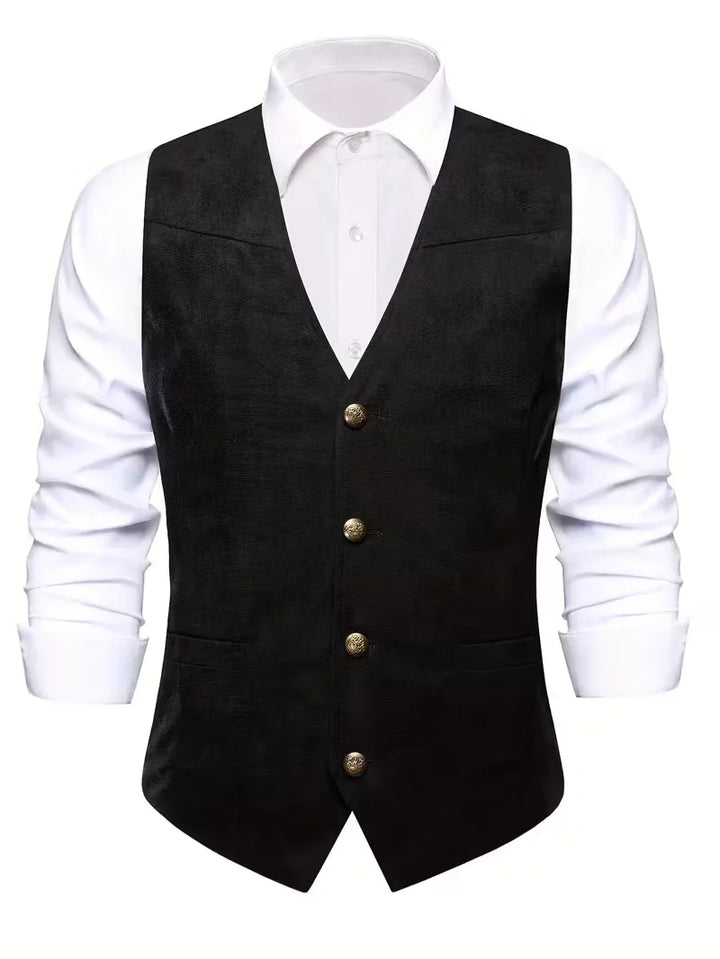 Elegant zwart gilet voor heren, klassieke v-hals en knopen, ideaal voor feest of bruiloft.