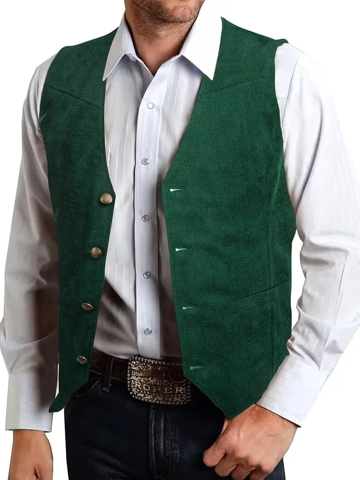 Klassiek zwart gilet met v-hals en knopen, voor een verfijnde herenoutfit.