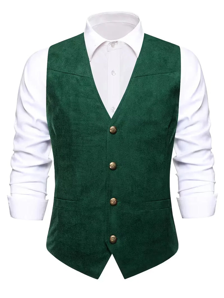 Zwart herengilet, v-hals, knopen, accentueert een klassieke herenmode stijl.