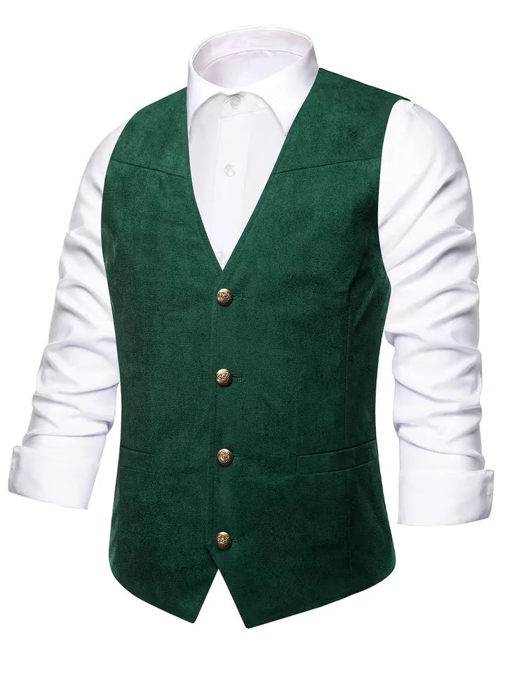 Elegant marineblauw herengilet met v-hals en knopen, ideaal voor moderne mannen.