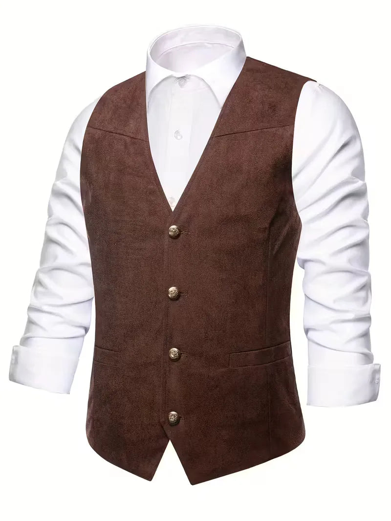 Chic zwart herengilet, v-hals en knopen, voegt klasse toe aan elke smart-casual look.