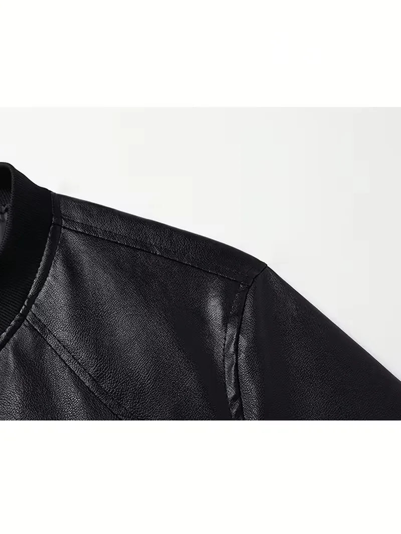 Heren slim fit tussenjas: een zwart bomberjack van PU leer met lange mouwen, perfect voor een casual look.