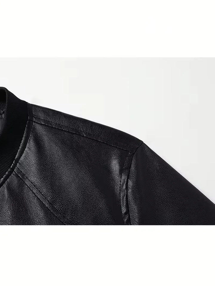 Heren slim fit tussenjas: een zwart bomberjack van PU leer met lange mouwen, perfect voor een casual look.