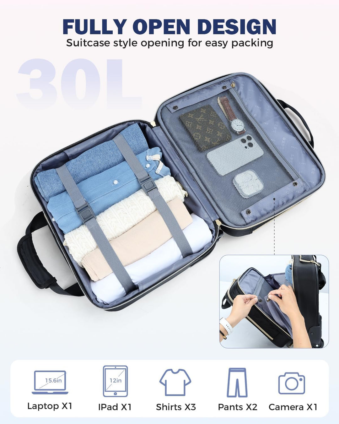 Vlucht-goedgekeurde 15,6" reistrolley voor laptops; compacte en stevige wielentas als handbagage.