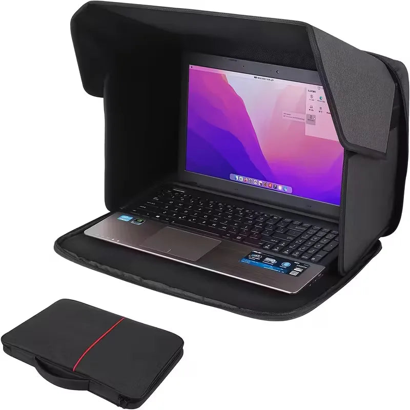 Draagbare zwarte laptoptas voor 16 inch laptops, biedt optimale bescherming en privacy voor werken buiten.