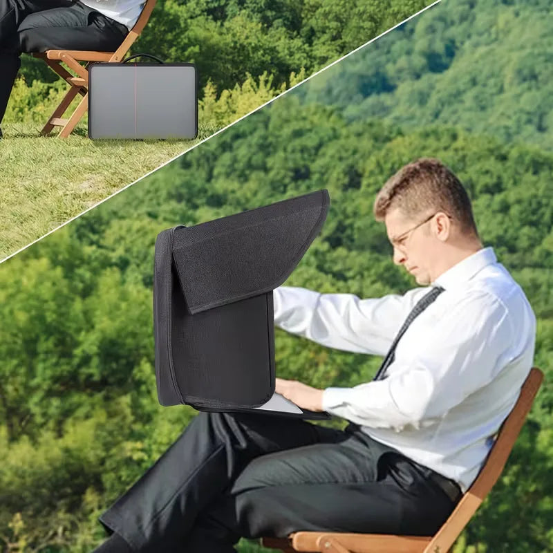 Professionele zwarte laptoptas voor 16 inch laptops, inclusief zonnescherm en privacy screen voor flexibel werken.