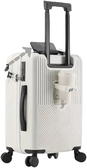 Zwarte 20" slimme hardshell handbagagekoffer met USB-poort, bekerhouder en TSA-slot, ideaal voor reizen.
