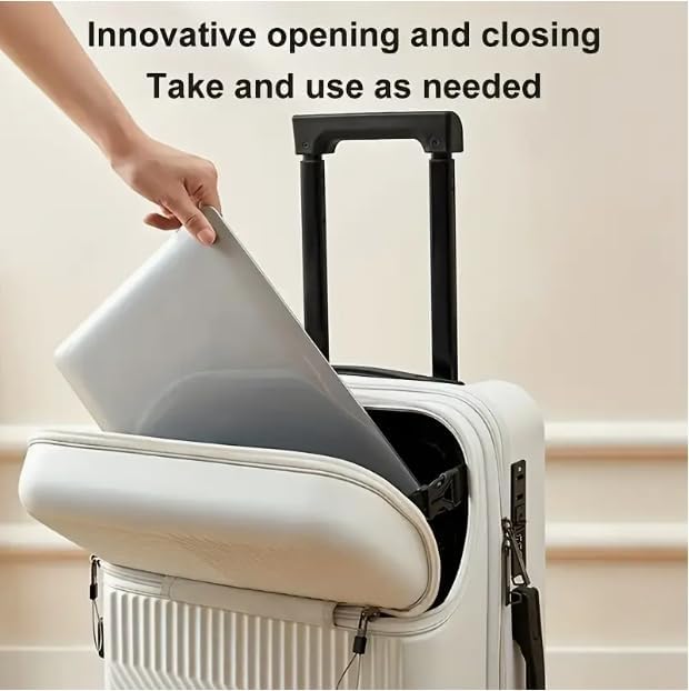 Slimme hardshell handbagagekoffer, zwart, met geïntegreerde USB-poort, TSA-slot en bekerhouder voor moderne reizigers.