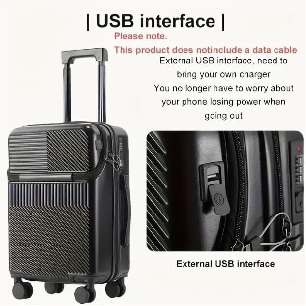 Zwarte handbagagekoffer met USB-poort en bekerhouder, 20 inch, hardshell, perfect voor vliegreizen en korte trips.