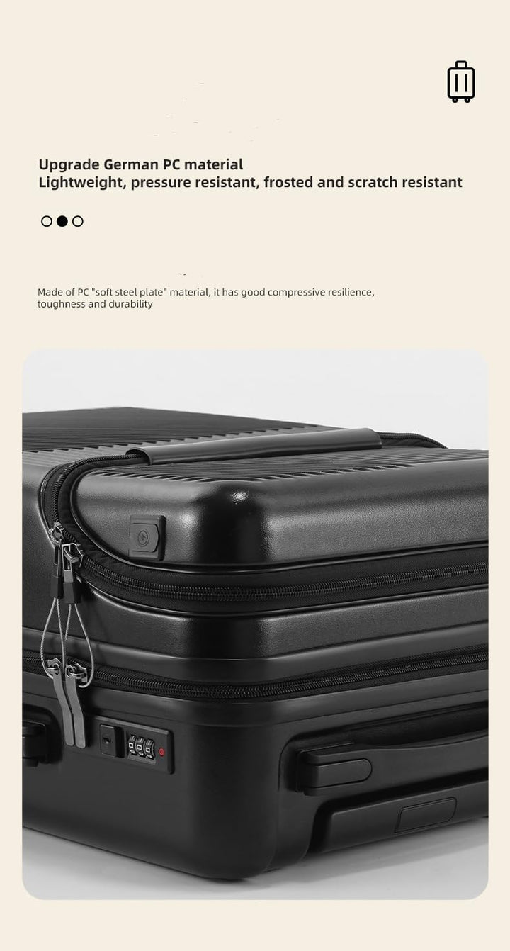 Zwarte slimme 20" hardshell reiskoffer met USB, bekerhouder, TSA-slot en soepele 360° wielen voor gemak.