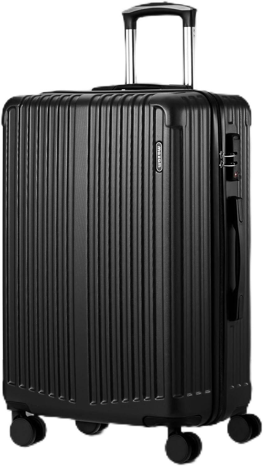 Zwarte 28 inch hardshell reiskoffer met streepdesign, 360° wielen en TSA-slot. Perfecte grote koffer voor vakantiebagage.