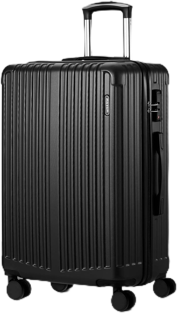 Zwarte 28 inch hardshell reiskoffer met streepdesign, 360° wielen en TSA-slot. Perfecte grote koffer voor vakantiebagage.