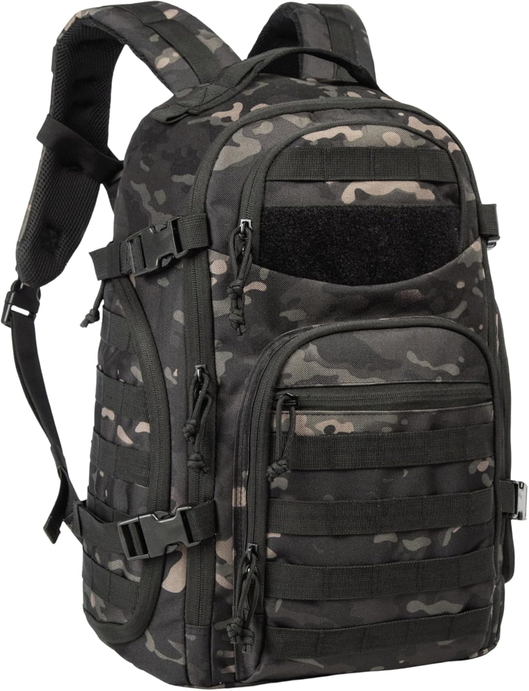 Zwarte 35L tactische rugzak met Molle systeem, ideaal voor outdoor avonturen en wandelen.