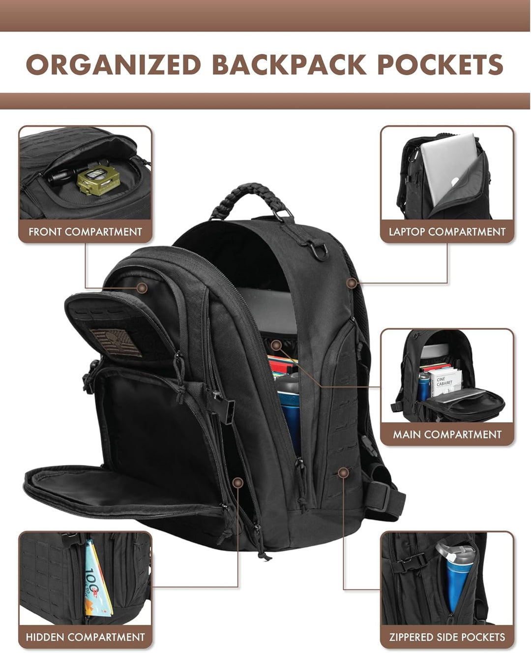 Zwarte legerstijl 35L laptoprugzak, combineert stijl met functionaliteit voor dagelijks gebruik.