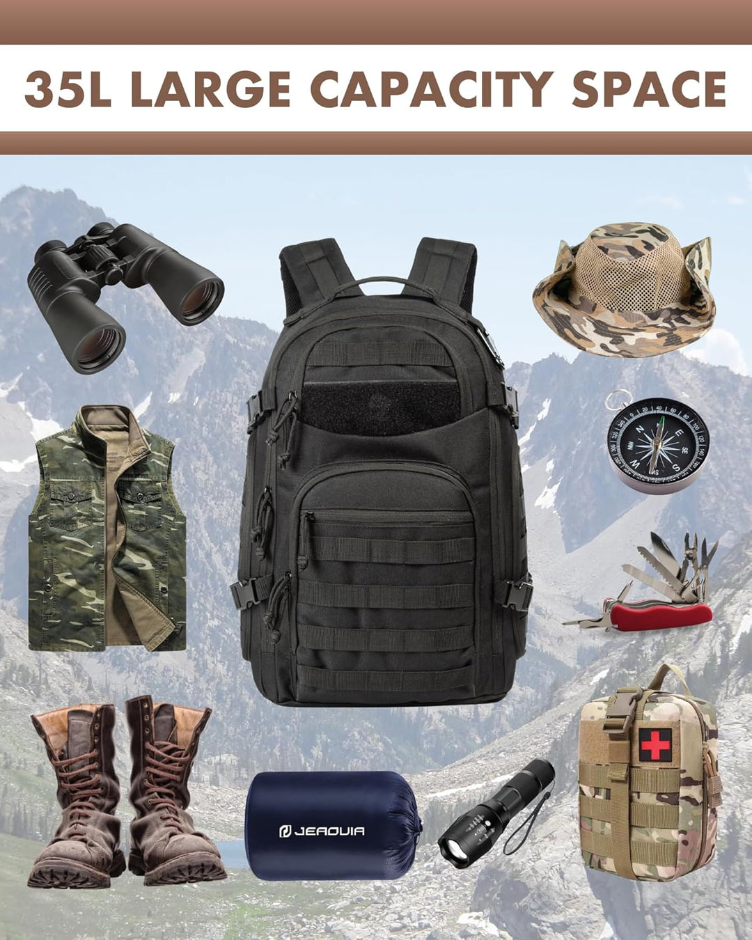 Essentiële 35L tactische rugzak voor outdoor liefhebbers, met robuust design en veel ruimte.