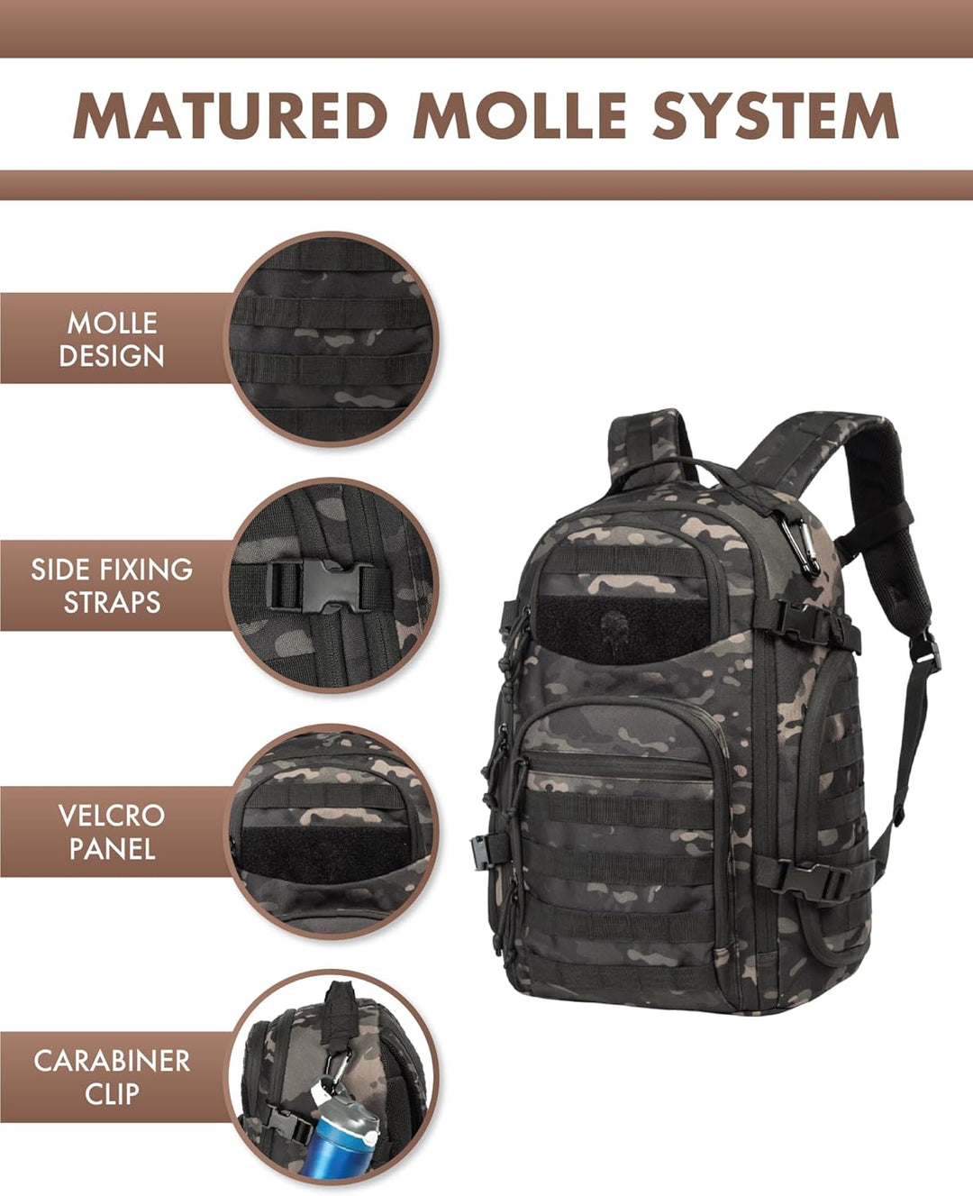Comfortabele 35L reisrugzak, robuust en tactisch, ideaal voor lange wandelingen en trips.