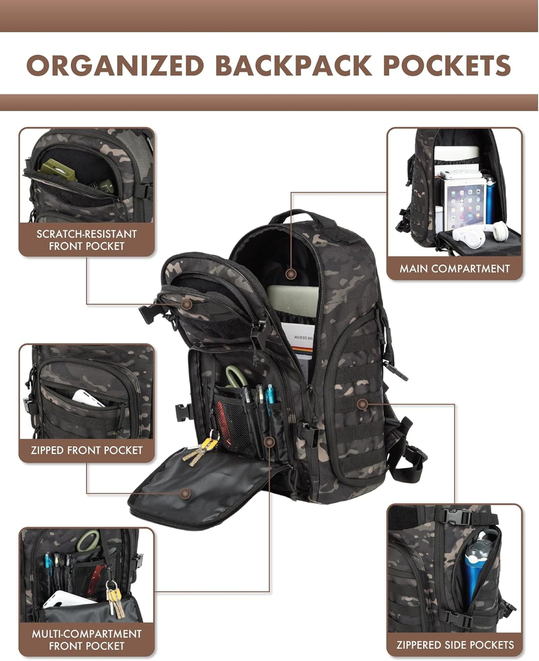 Zwarte outdoor rugzak 35L met laptopcompartiment, handig voor studenten en avonturiers.