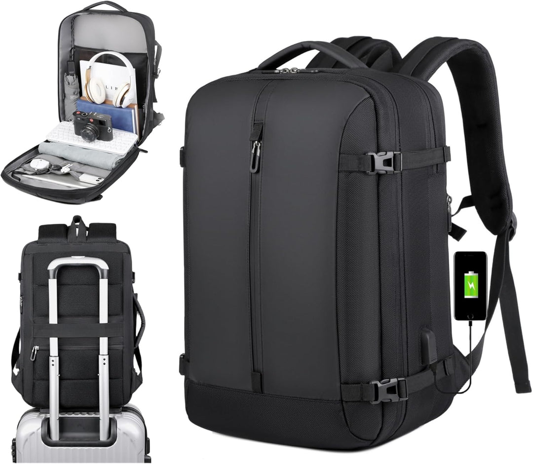 Zwarte 40L uitbreidbare AirVoyage reisrugzak. Waterdicht, met USB-poort en ruim 17” laptopvak. Ideaal als handbagage.