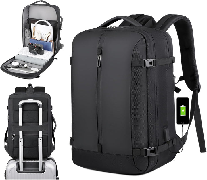 Zwarte 40L uitbreidbare AirVoyage reisrugzak. Waterdicht, met USB-poort en ruim 17” laptopvak. Ideaal als handbagage.